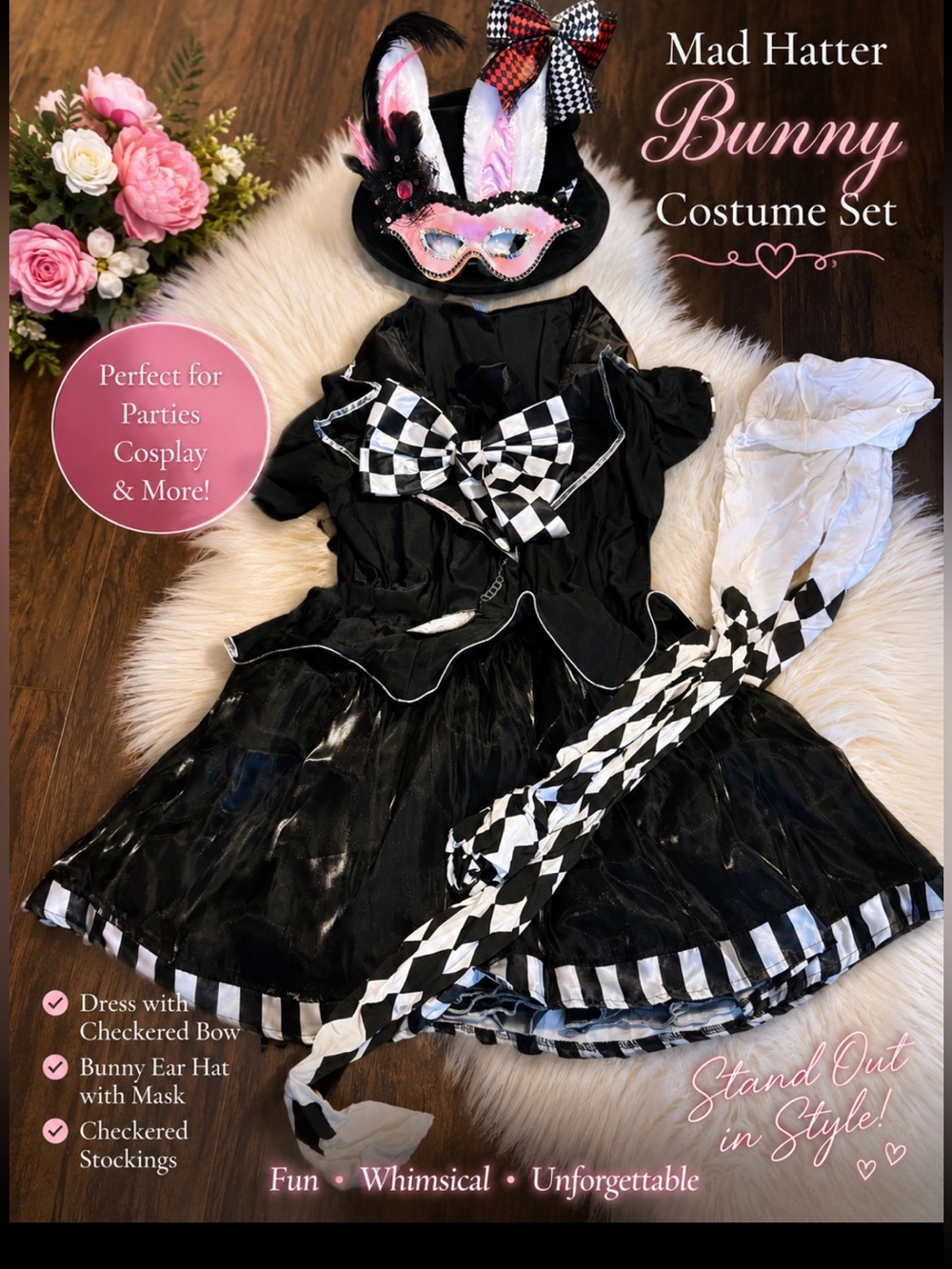 Mad Hatter Bunny Ladies Costume Set - Black & Pink